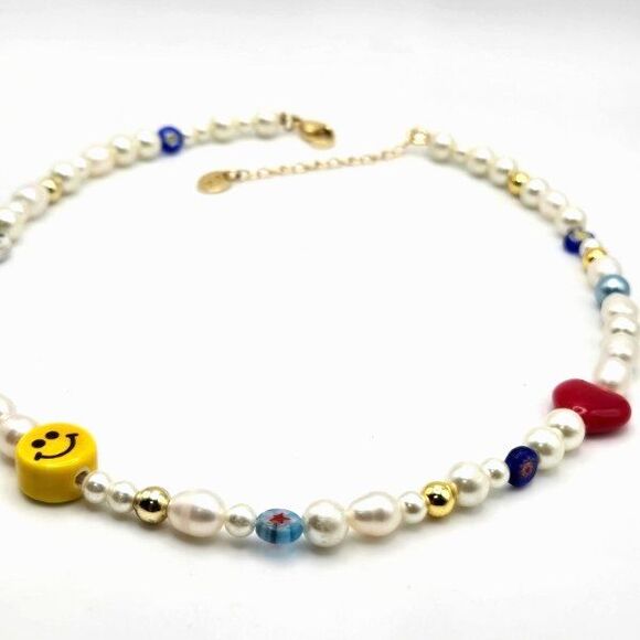 "Fun Flirt" Summertime Genuine Freshwater Pearl Smile Millefiori Beaded Necklace - Picture 2 of 5